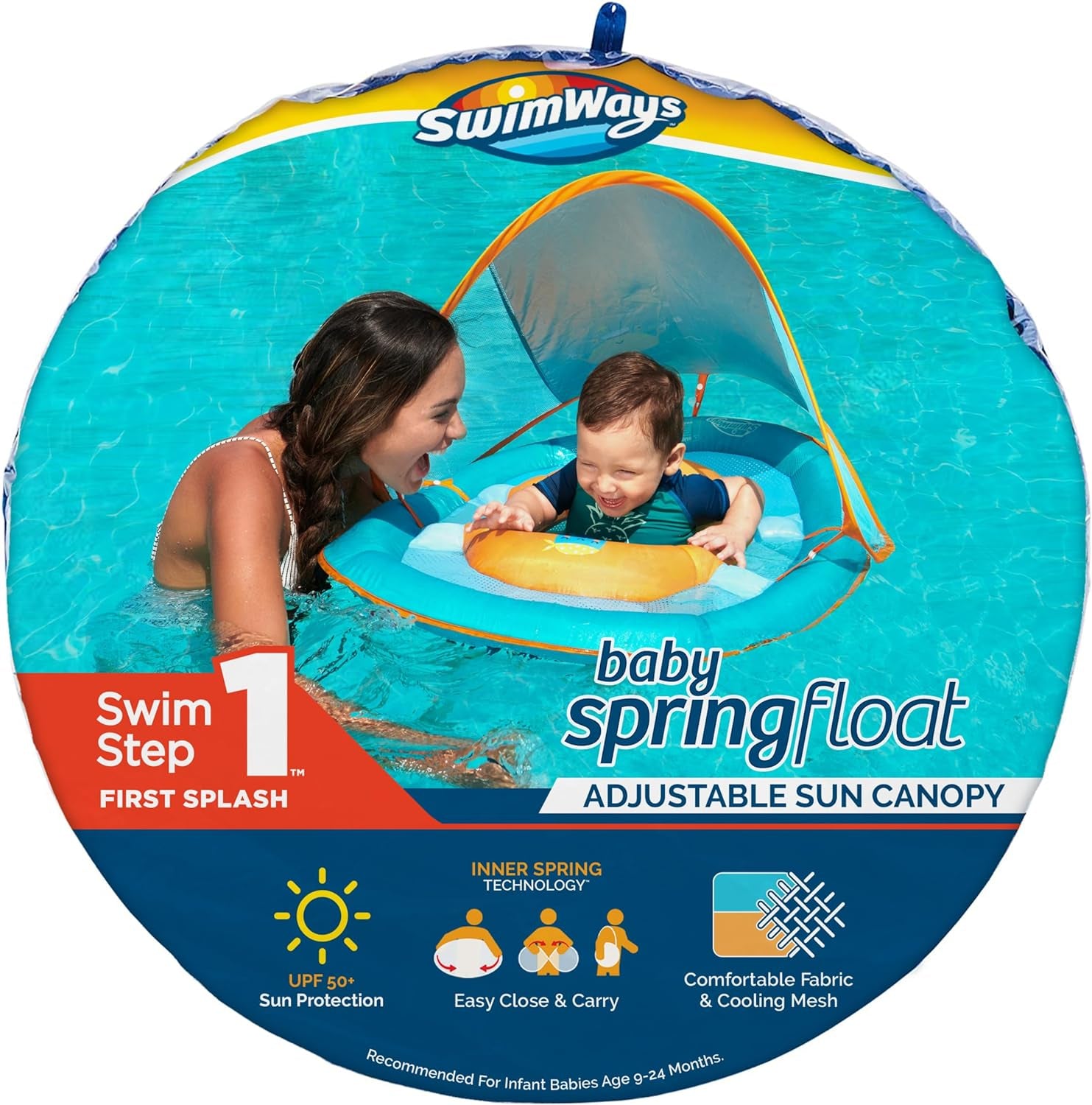 Baby Spring Float with Adjustable Canopy and UPF Sun Protection, Blue Lobster