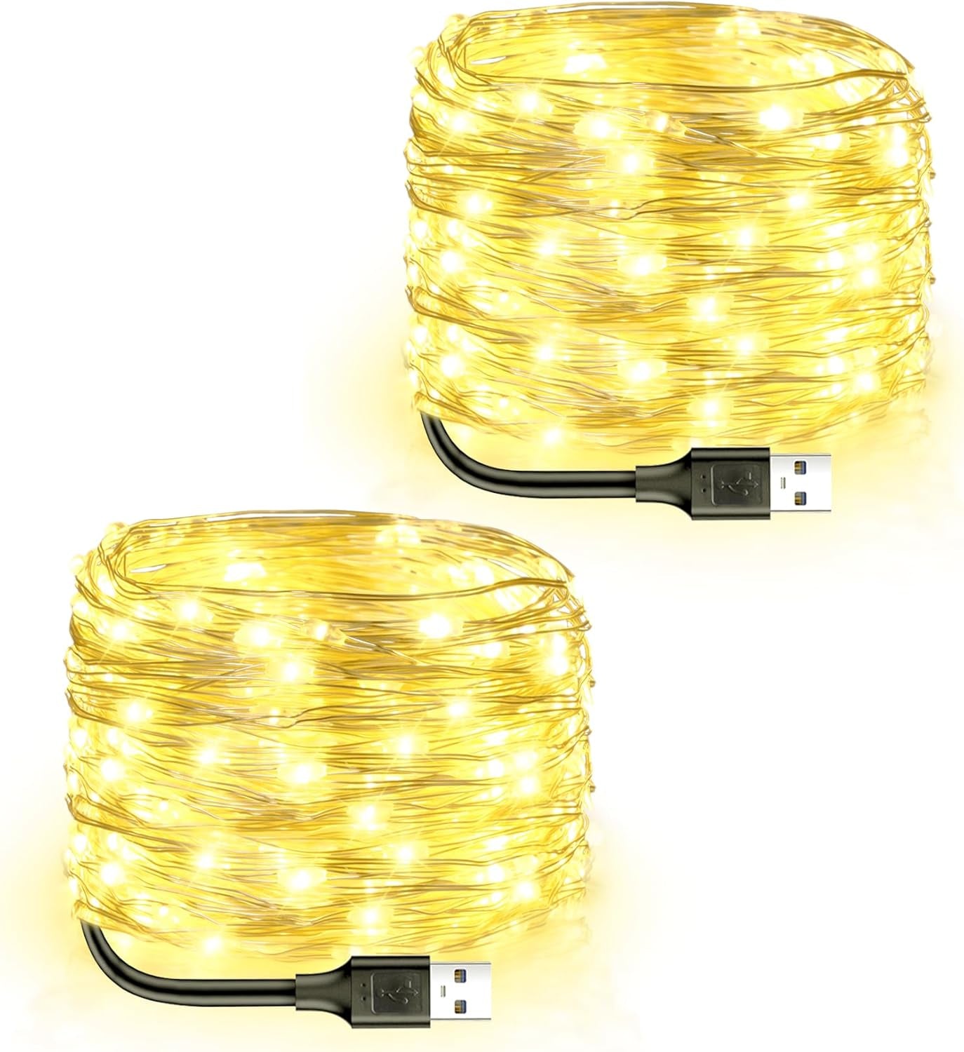 USB Powered Fairy Lights, 2 Pack 33Ft 100 LED, Flexible Silver Wire, Mini String Lights for Christmas Tree/Bedroom/Camping/Holiday Indoor Decoration, Warm White