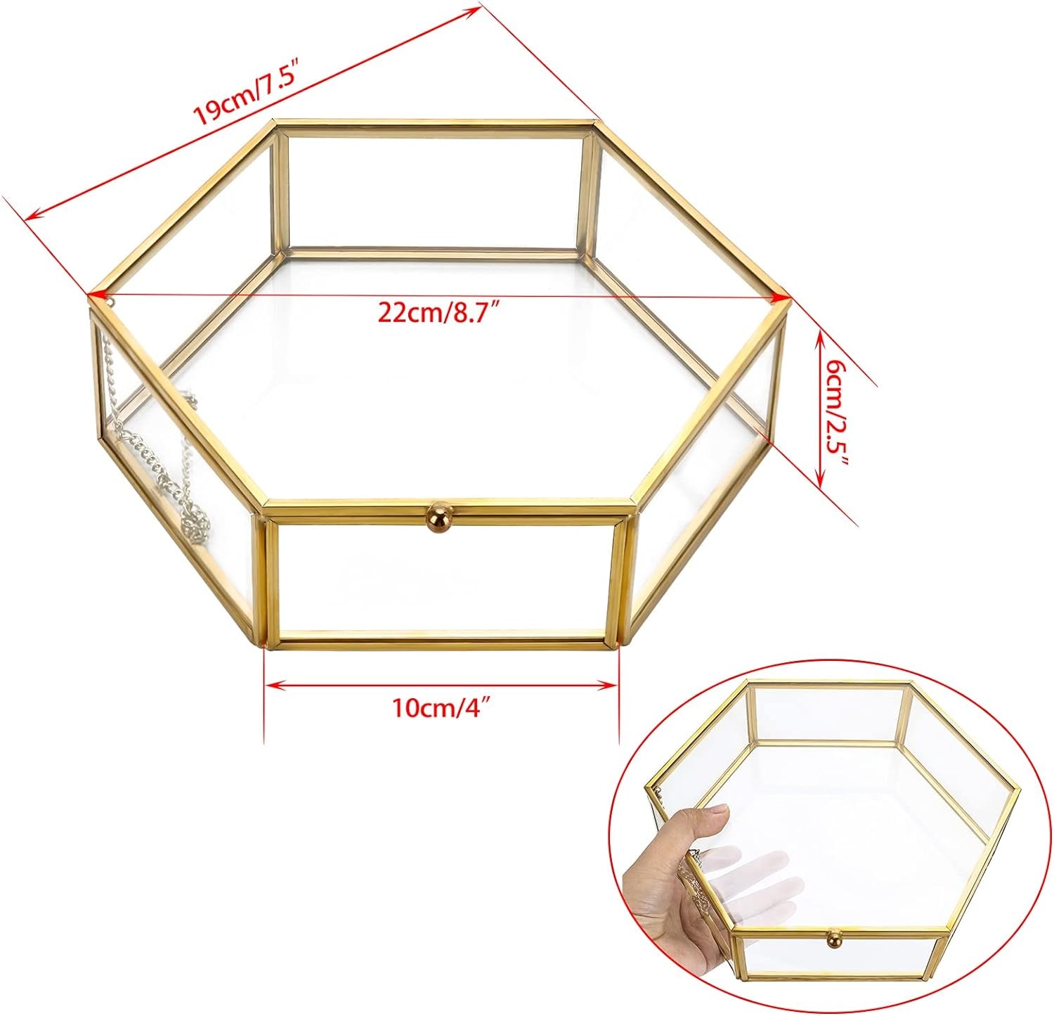 Glass Vintage Jewelry Box - Golden Geometric Jewelry Display Organizer Keepsake Box Case Home Decorative Box for Storage Trinket Ring Earring Chest (X-Large)
