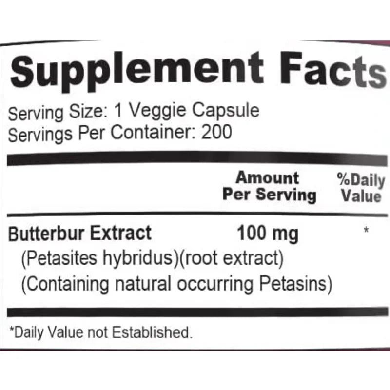 Butterbur Extract: 100Mg per Capsule, 200 Veggie Capsules - Non-Gmo, Vegetarian, Gluten-Free, Dietary Supplement for Unisex Health & Wellness