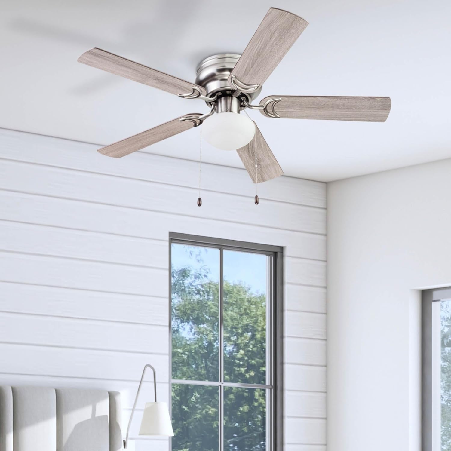 Alvina Traditional 44 Inch Ceiling Fan with Light, LED Flush Mount Ceiling Fan, Indoor Fan with 5 Blades, Gray Oak and Brown Walnut Blade Finish Options, Satin Nickel (51585-01)