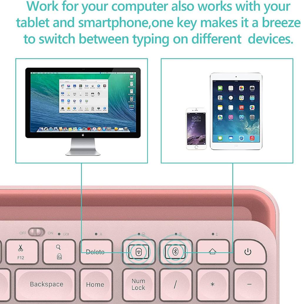 Bluetooth Wireless Keyboard,Bluetooth Keyboard for Ipad Wireless Keyboard with Phone Holder and Mouse Pad,Tablet Keyboard USB Keyboard for Smatphone,Tablets,Pc, Computer, Laptop, Mac(Pink)
