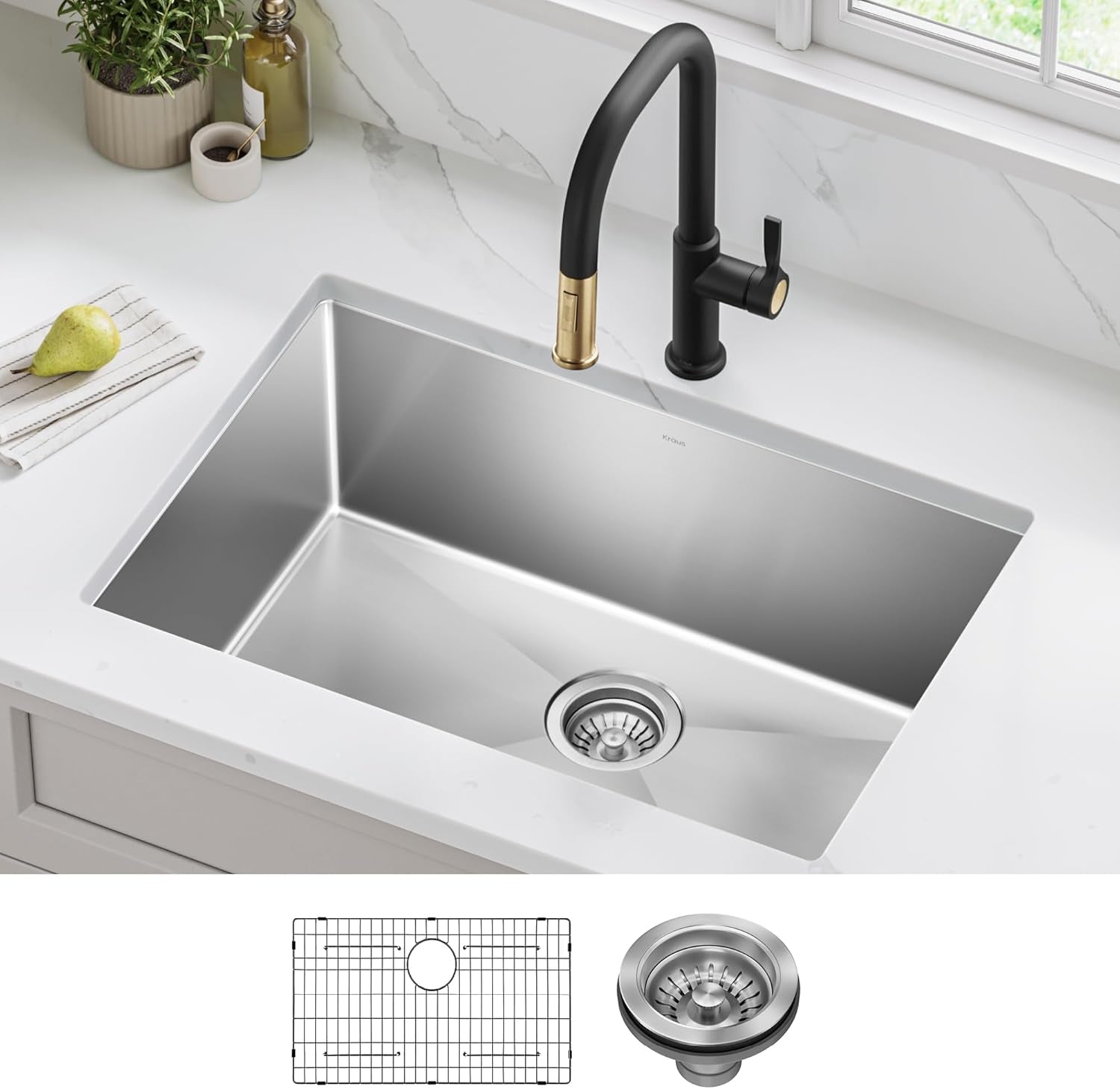 Standart PRO 28-Inch 16 Gauge Undermount Single Bowl Stainless Steel Kitchen Sink, KHU100-28