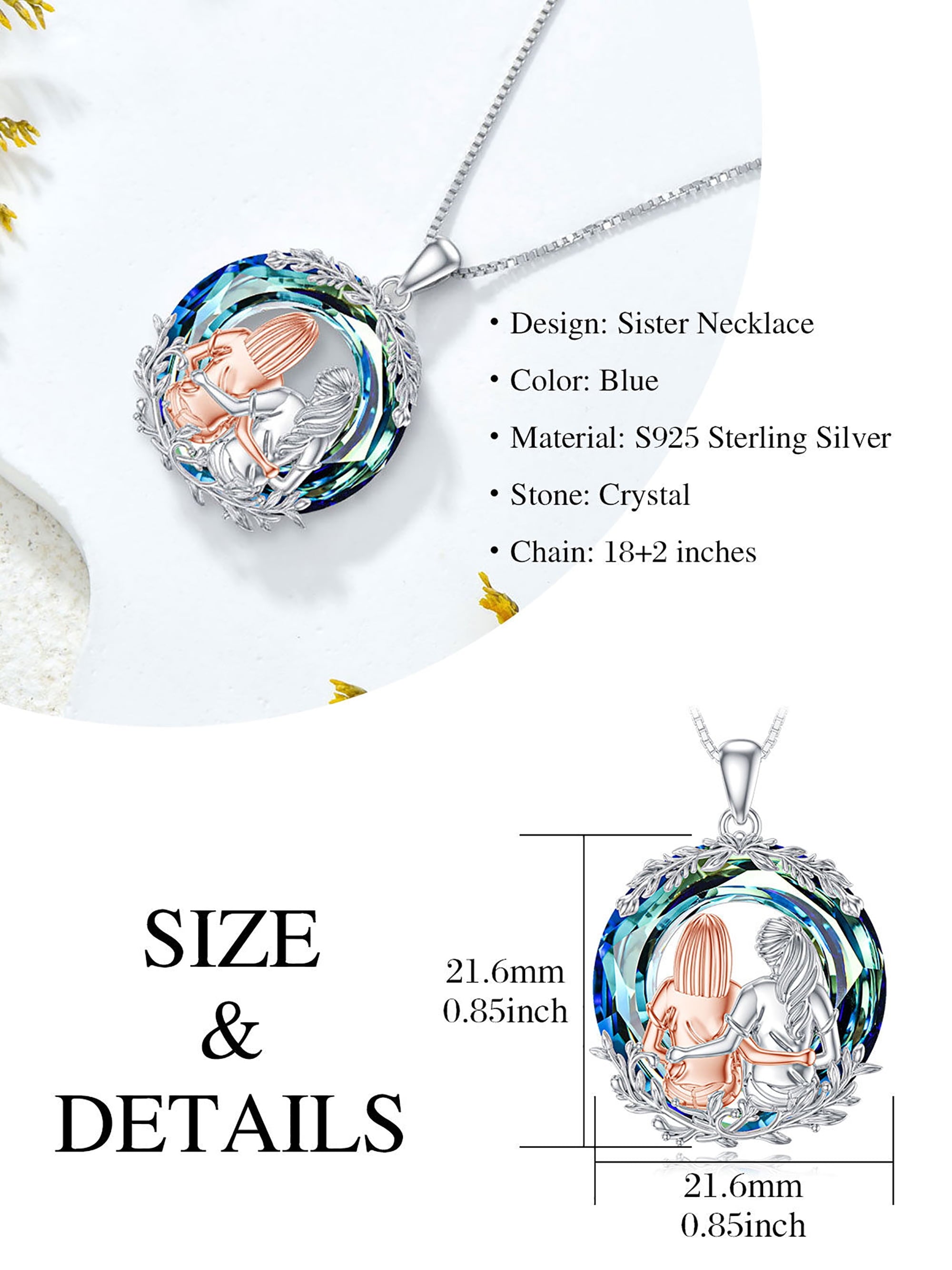 Friendship Necklace for 2 Sister Sit and Hug Pendent Sterling Silver with Circle Blue Crystal Best Friend Birthday Anniversary Mothers Valentines Day Christmas Gifts for Women Sister