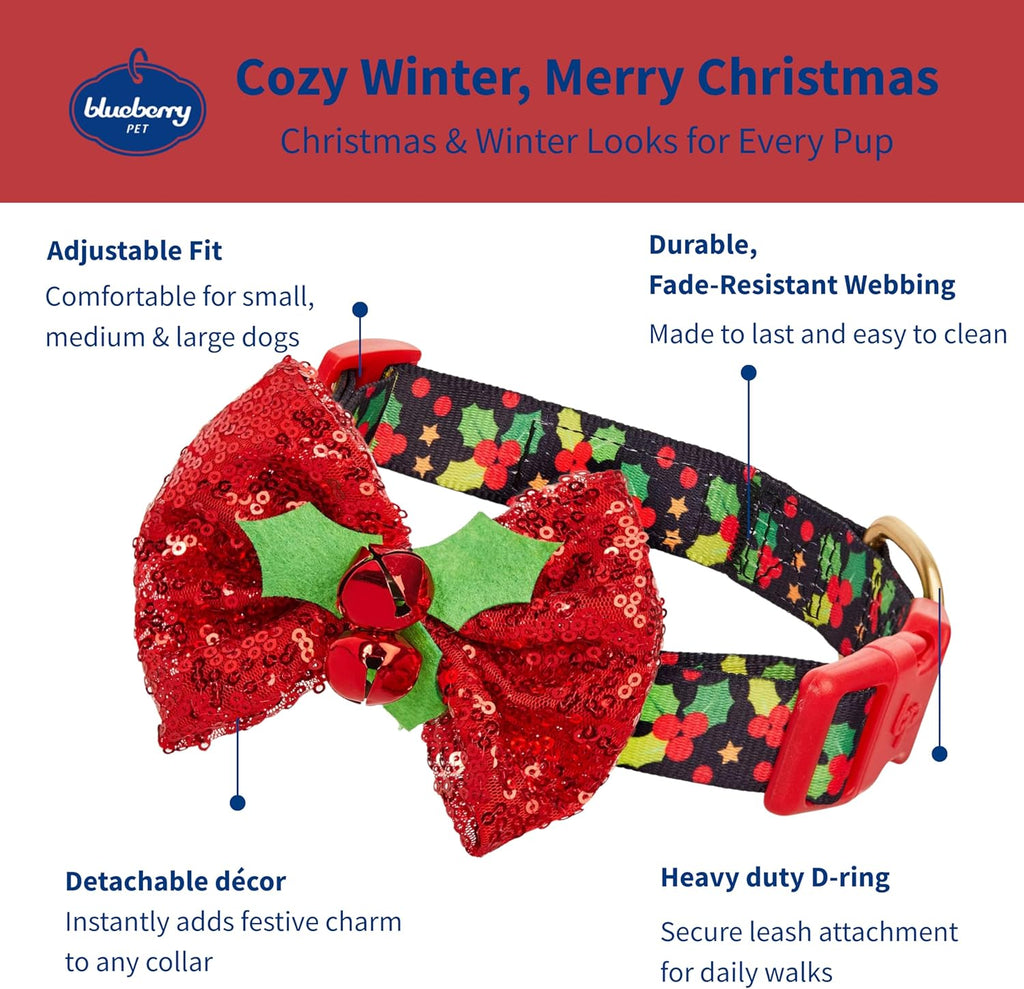 Christmas Holly Adjustable Dog Collar with Bowtie - Dog Collars for Small Dogs, Holiday Dog Collars, Christmas Collar for Dogs - Small Dog Collars for Female Dogs, 12-16" Neck
