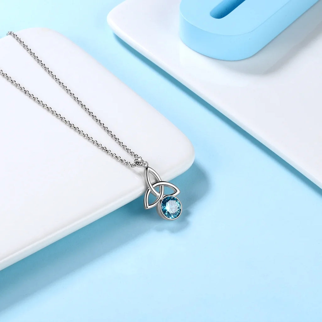 925 Sterling Silver Celtic Knot Necklace for Women March Birthstone Aquamarine Blue Gemstone Trinity Triquetra Irish Pendant Jewelry Birthday Gift