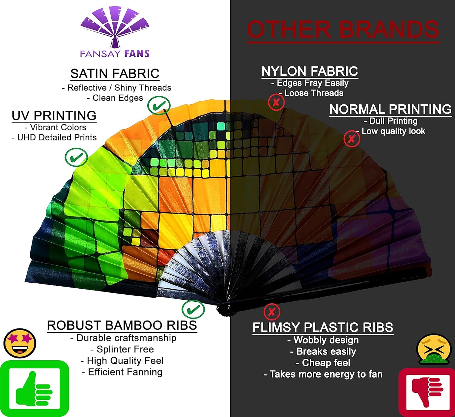 Large Hand Folding Fan for Men/Women Chinese/Japanese Bamboo with Leather Cloth Fabric Dance Festival Fan Handheld Folding Fans (Rainbow Cube)