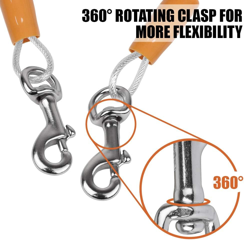 Dog Tie Out Cable 25 Feet - Heavy Duty Dog Lead up to 90 Pounds - Reflective & Rust-Free with Quick Release Swivel Clips & 360° Rotating Clasp - Tangle-Free Dogs Runner for Yard (Silver, Single)