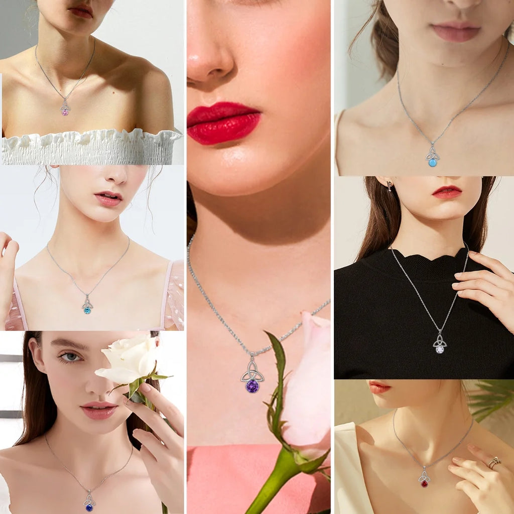 925 Sterling Silver Celtic Knot Necklace for Women March Birthstone Aquamarine Blue Gemstone Trinity Triquetra Irish Pendant Jewelry Birthday Gift