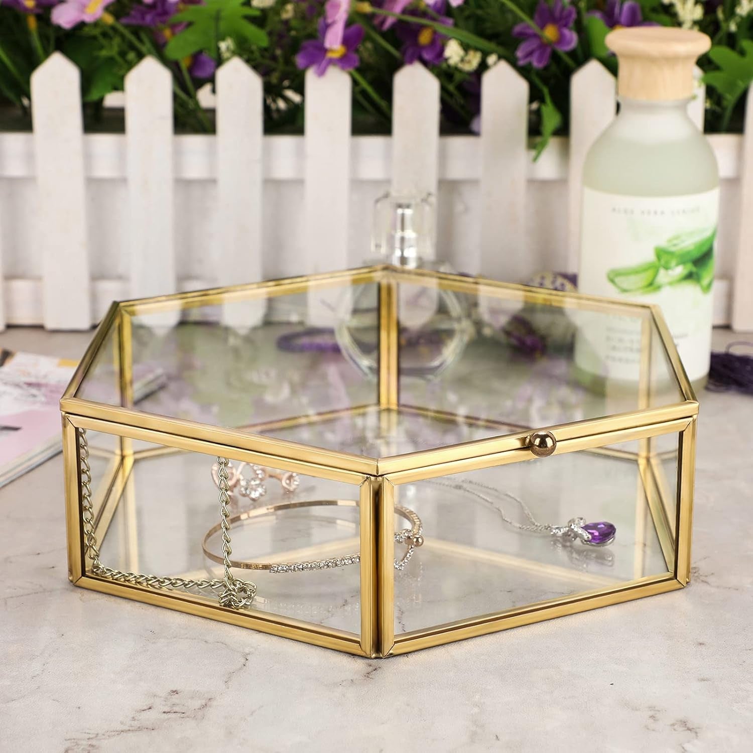 Glass Vintage Jewelry Box - Golden Geometric Jewelry Display Organizer Keepsake Box Case Home Decorative Box for Storage Trinket Ring Earring Chest (X-Large)