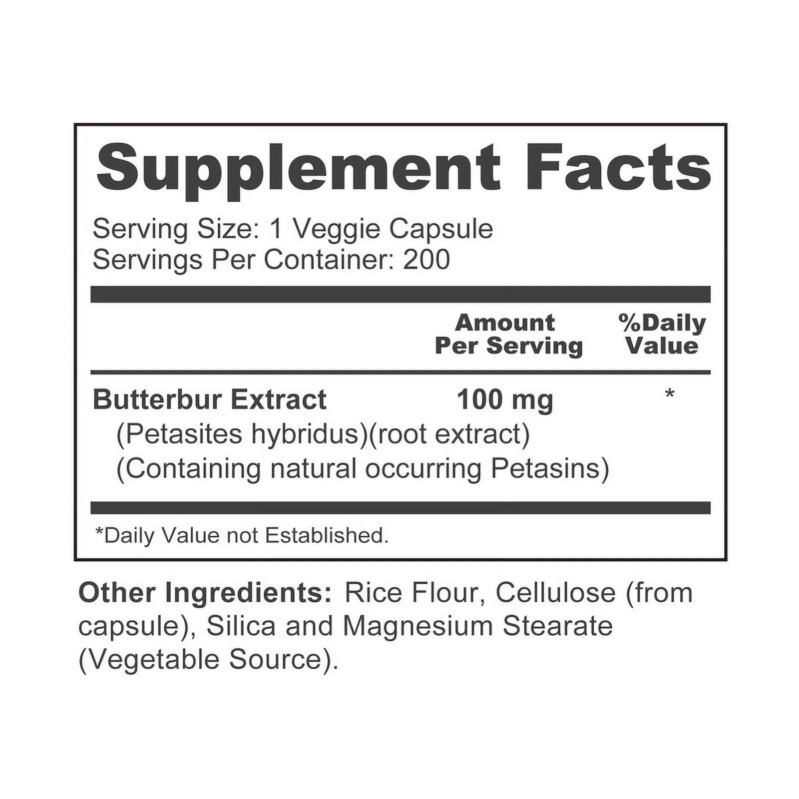 Butterbur Extract: 100Mg per Capsule, 200 Veggie Capsules - Non-Gmo, Vegetarian, Gluten-Free, Dietary Supplement for Unisex Health & Wellness