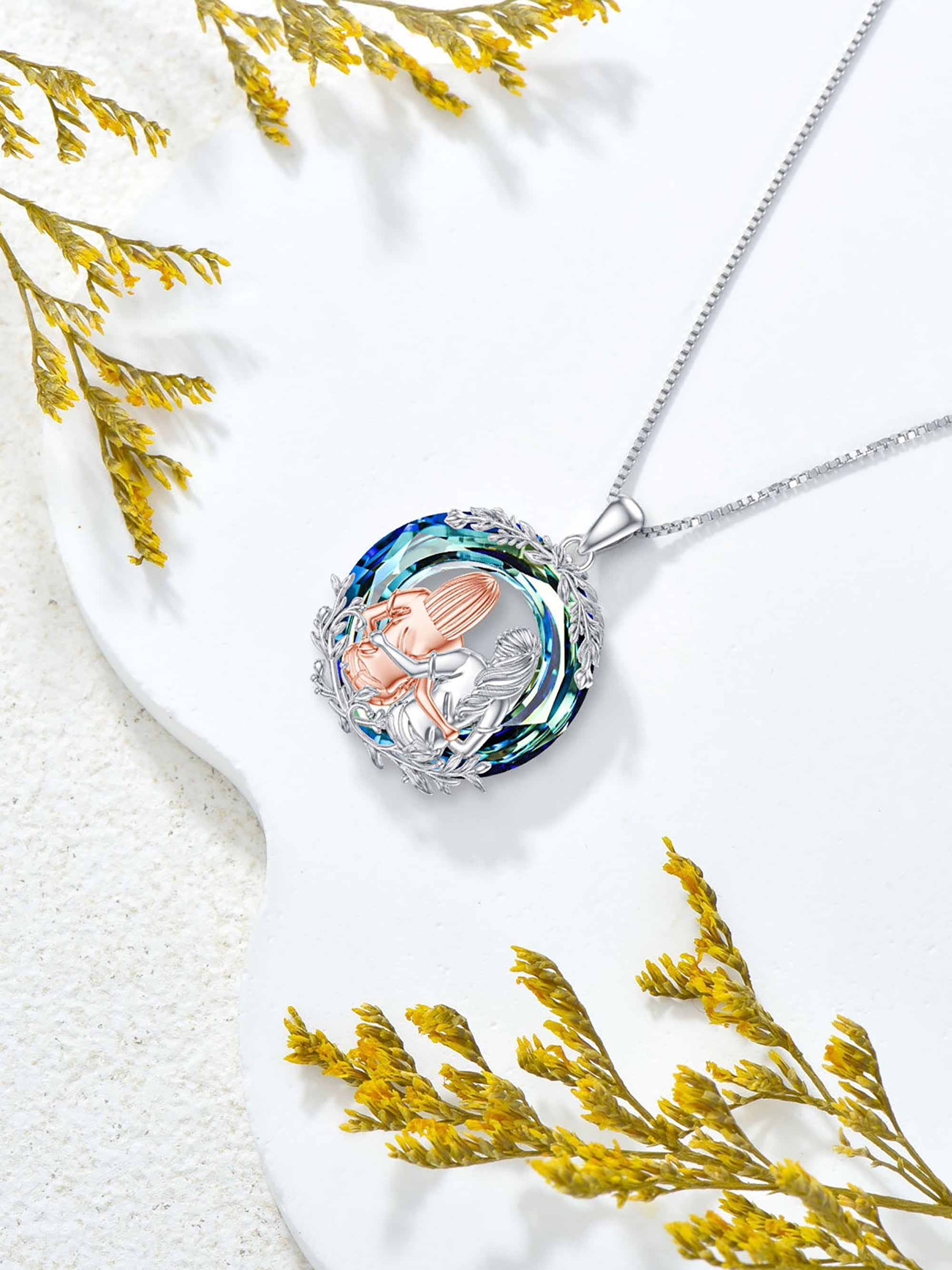Friendship Necklace for 2 Sister Sit and Hug Pendent Sterling Silver with Circle Blue Crystal Best Friend Birthday Anniversary Mothers Valentines Day Christmas Gifts for Women Sister