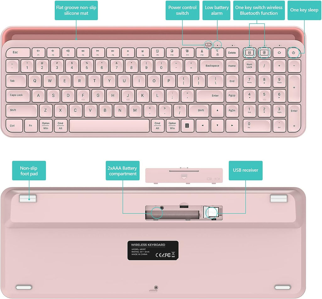 Bluetooth Wireless Keyboard,Bluetooth Keyboard for Ipad Wireless Keyboard with Phone Holder and Mouse Pad,Tablet Keyboard USB Keyboard for Smatphone,Tablets,Pc, Computer, Laptop, Mac(Pink)