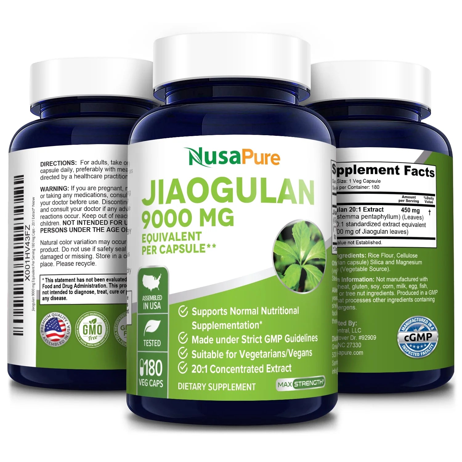 Jiaogulan 9000Mg 180 Veggie Caps (20:1 Extract, Vegetarian, Non-Gmo, Gluten-Free), Dietary Supplement for Adult Health & Wellness