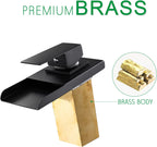 LED Light Bathroom Sink Faucet, 3 Colors Changing Waterfall Spout, Hot and Cold Water Mixer Tap, Black