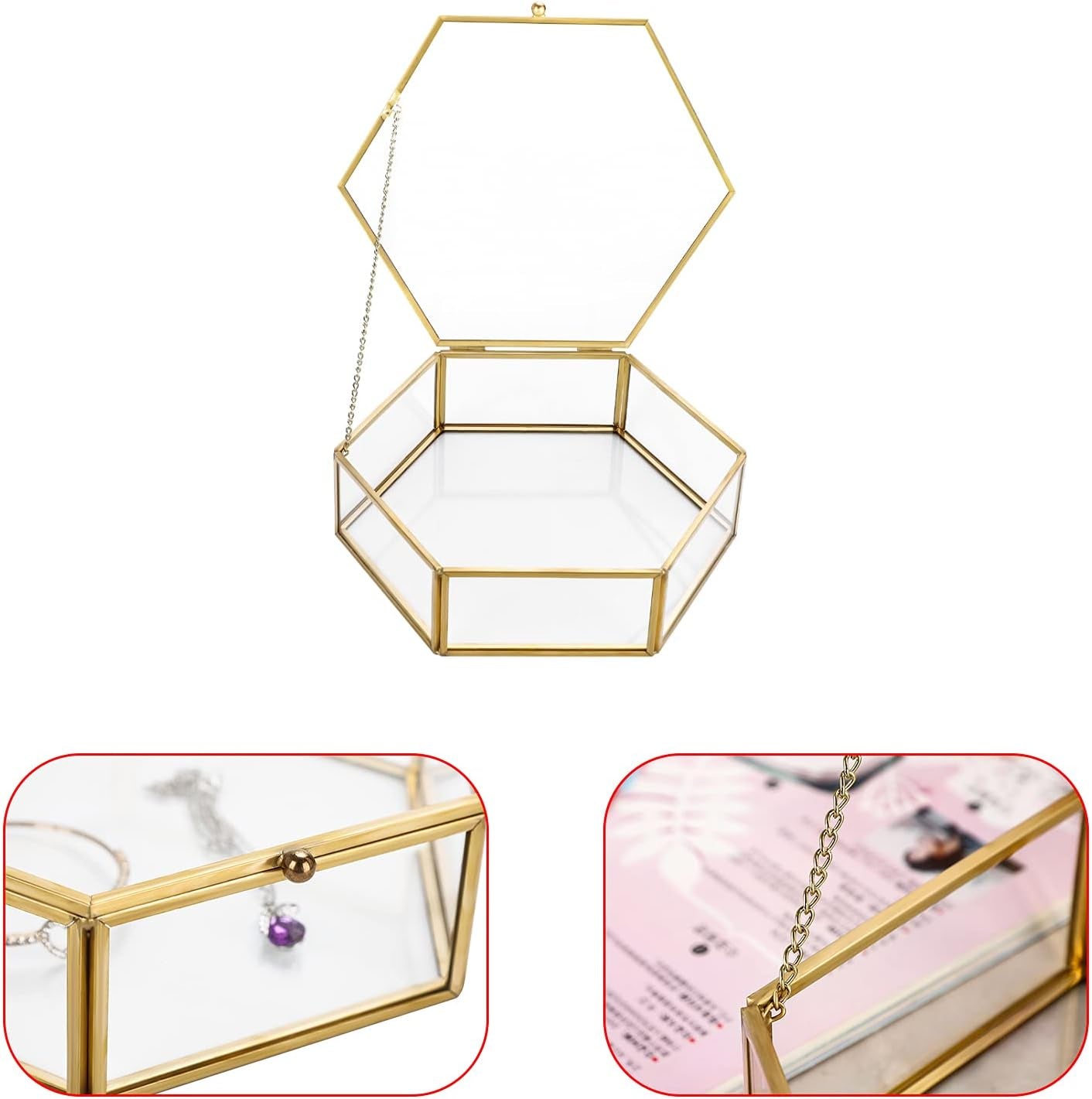 Glass Vintage Jewelry Box - Golden Geometric Jewelry Display Organizer Keepsake Box Case Home Decorative Box for Storage Trinket Ring Earring Chest (X-Large)