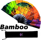 Large Hand Folding Fan for Men/Women Chinese/Japanese Bamboo with Leather Cloth Fabric Dance Festival Fan Handheld Folding Fans (Rainbow Cube)