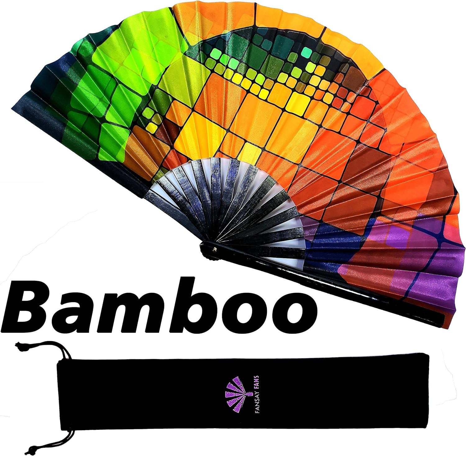 Large Hand Folding Fan for Men/Women Chinese/Japanese Bamboo with Leather Cloth Fabric Dance Festival Fan Handheld Folding Fans (Rainbow Cube)