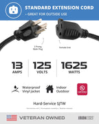 2 Pack of 6 Ft Outdoor Extension Cords - 16/3 Heavy Duty Black Extension Cord Pack