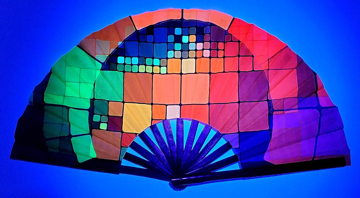 Large Hand Folding Fan for Men/Women Chinese/Japanese Bamboo with Leather Cloth Fabric Dance Festival Fan Handheld Folding Fans (Rainbow Cube)