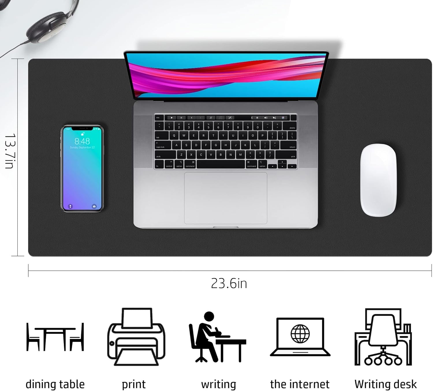 Double-Sided PU Leather Desk Pad - Non-Slip Large Mouse Pad & Desk Mat for Office, Home - Waterproof, Easy to Clean, Durable Dual-Sided Surface (23.6"X13.7", Black)