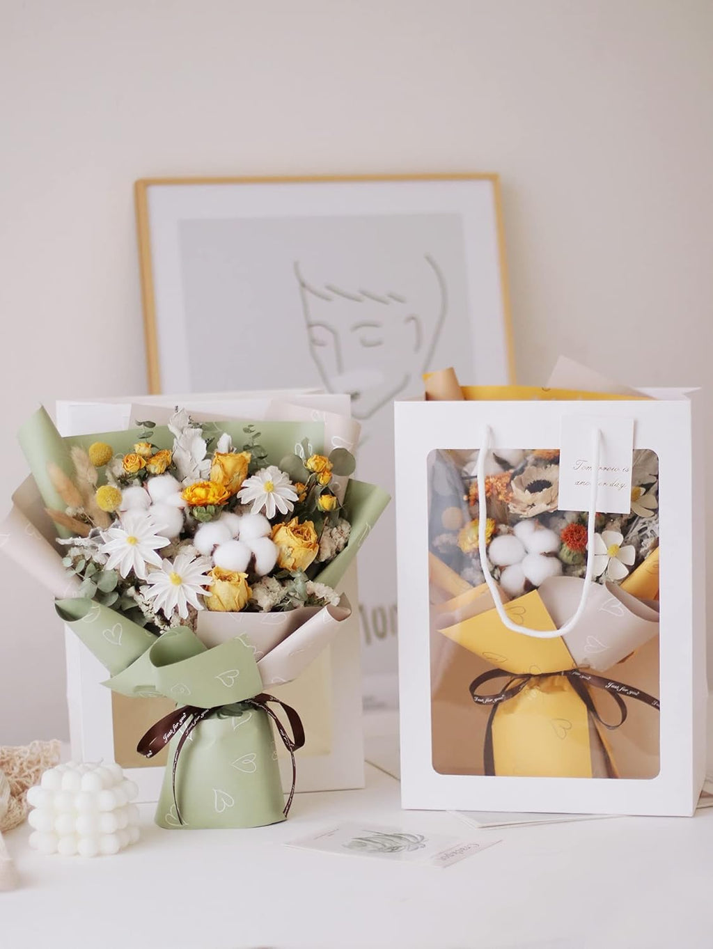 7 Natural Cotton Dried Flower Ornaments, Christmas Decorative Vases Showcasing Wreaths of Family Wedding Flowers, Nordic Rustic Decor (Pink)