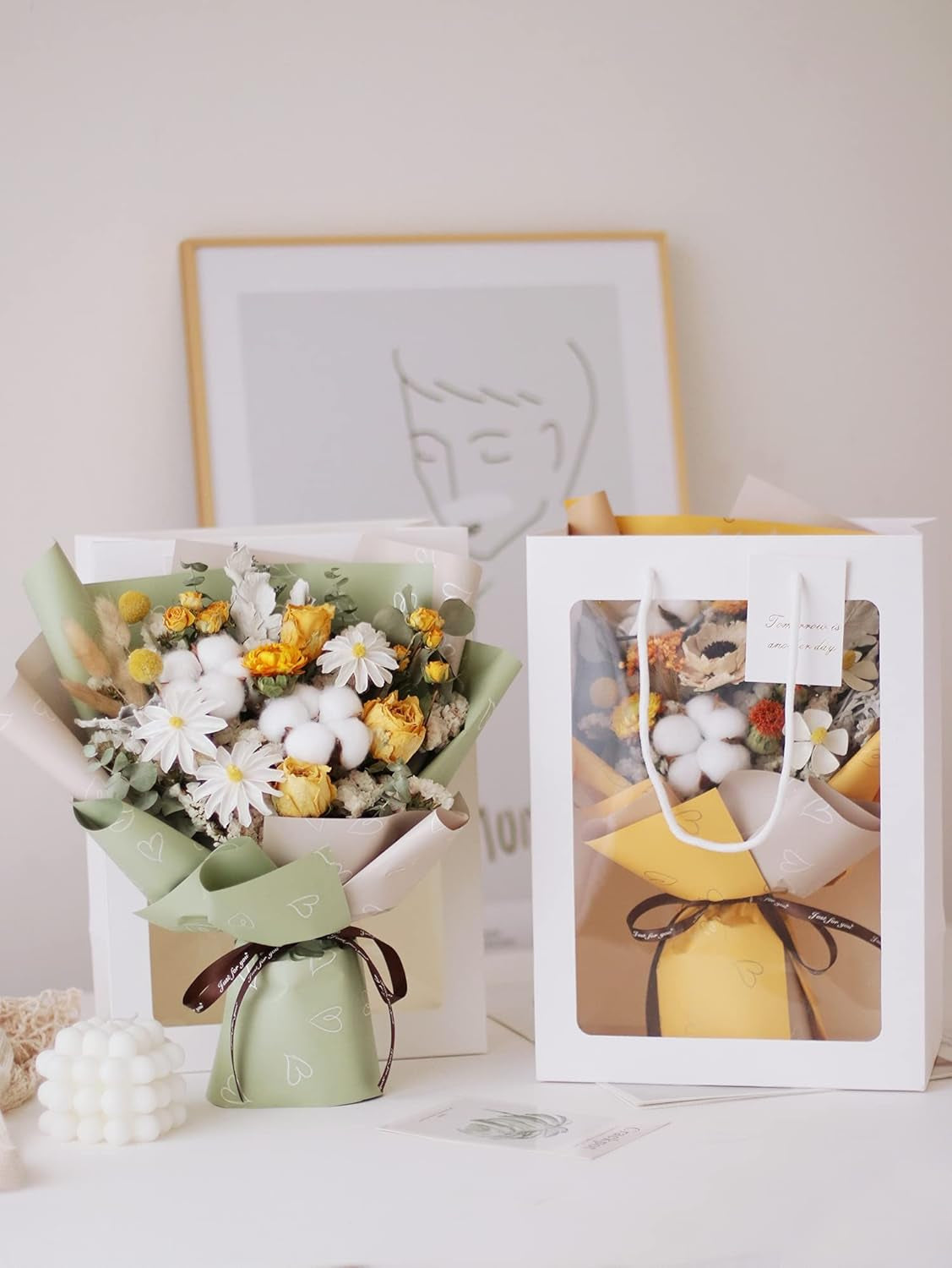 7 Natural Cotton Dried Flower Ornaments, Christmas Decorative Vases Showcasing Wreaths of Family Wedding Flowers, Nordic Rustic Decor (Pink)