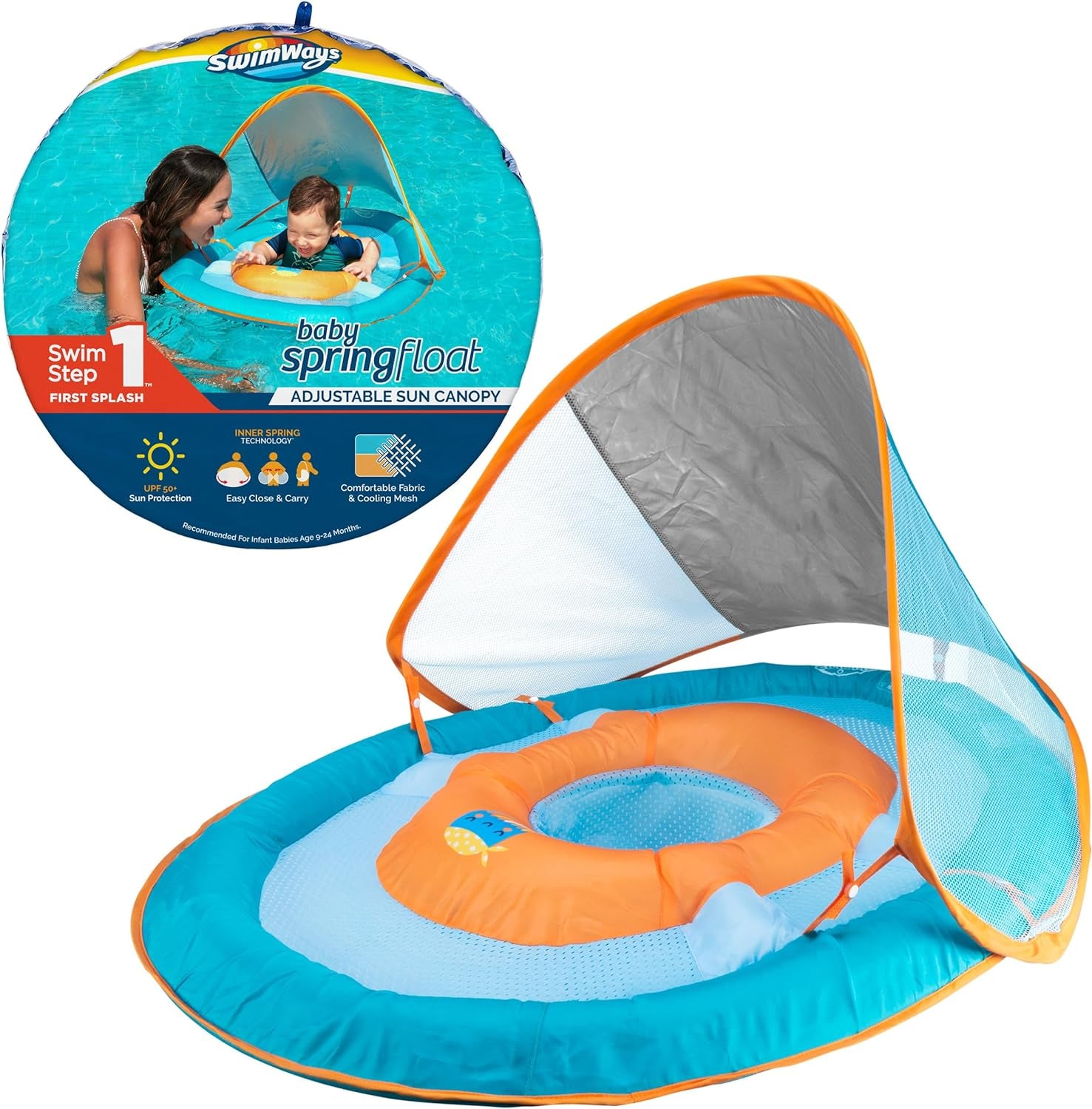 Baby Spring Float with Adjustable Canopy and UPF Sun Protection, Blue Lobster
