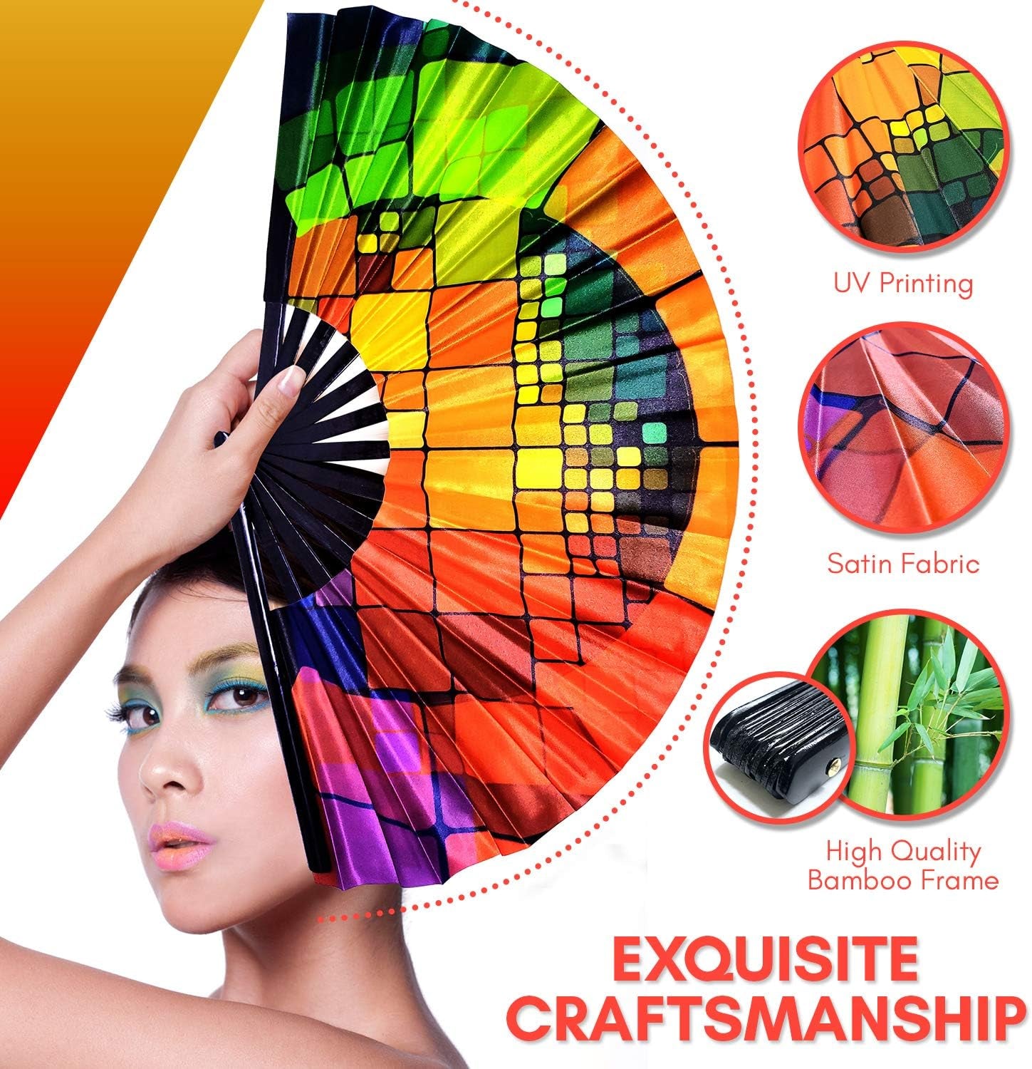 Large Hand Folding Fan for Men/Women Chinese/Japanese Bamboo with Leather Cloth Fabric Dance Festival Fan Handheld Folding Fans (Rainbow Cube)