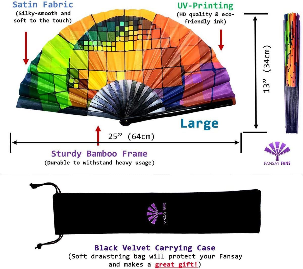 Large Hand Folding Fan for Men/Women Chinese/Japanese Bamboo with Leather Cloth Fabric Dance Festival Fan Handheld Folding Fans (Rainbow Cube)