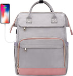 Teacher Backpack 17 Inch Laptop Bag for Women Fashion Backpack Purse, Work Backpack Tote Computer Bag with Charging Port,Travel Backpack, Grey&Pink