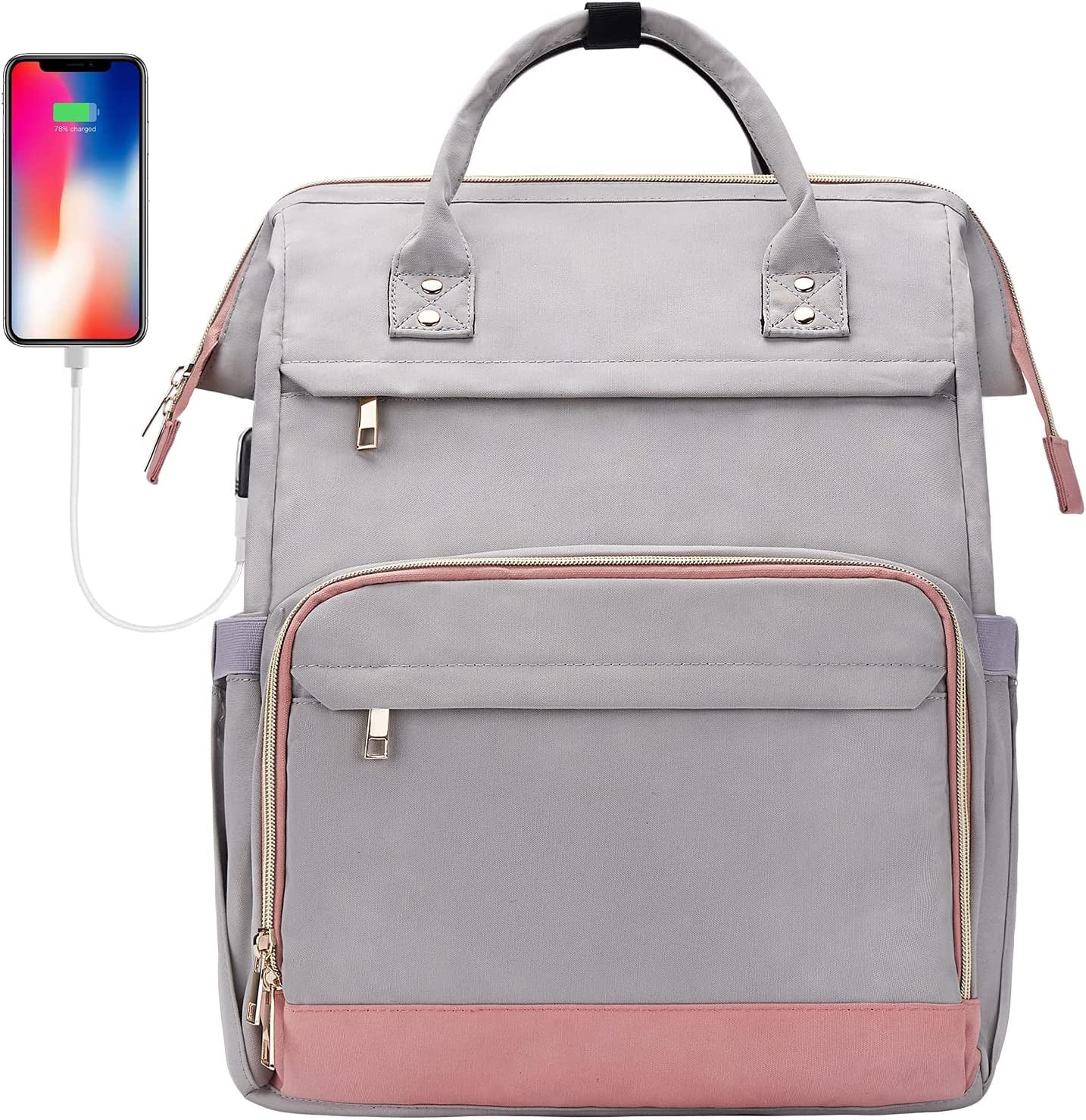 Teacher Backpack 17 Inch Laptop Bag for Women Fashion Backpack Purse, Work Backpack Tote Computer Bag with Charging Port,Travel Backpack, Grey&Pink