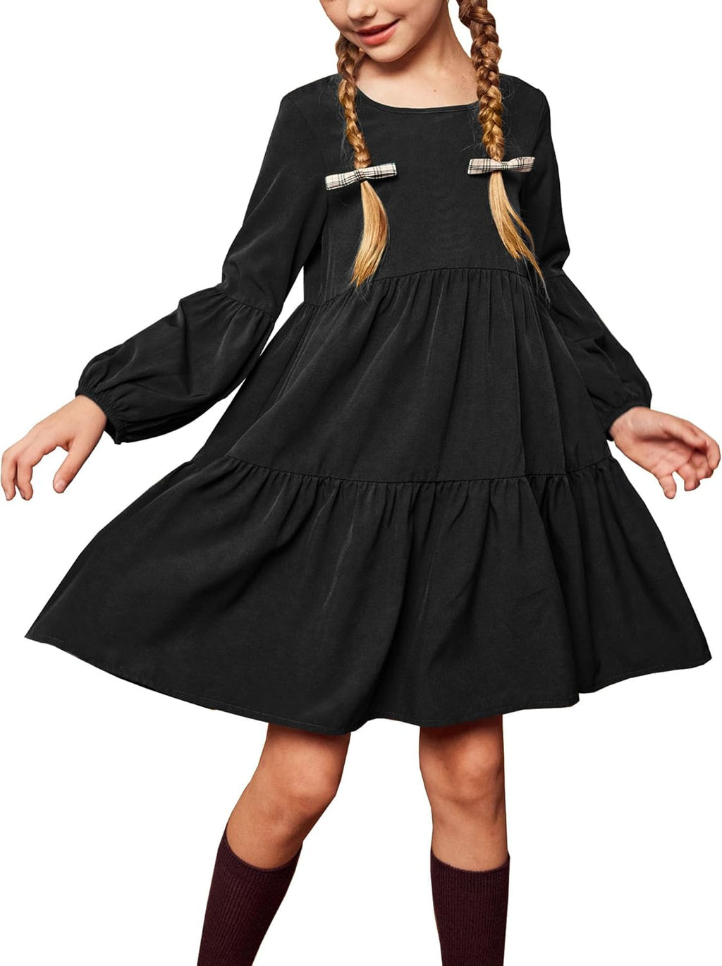 Girls Dress Long Sleeve a Line Loose Swing Ruffle Tunic Dresses