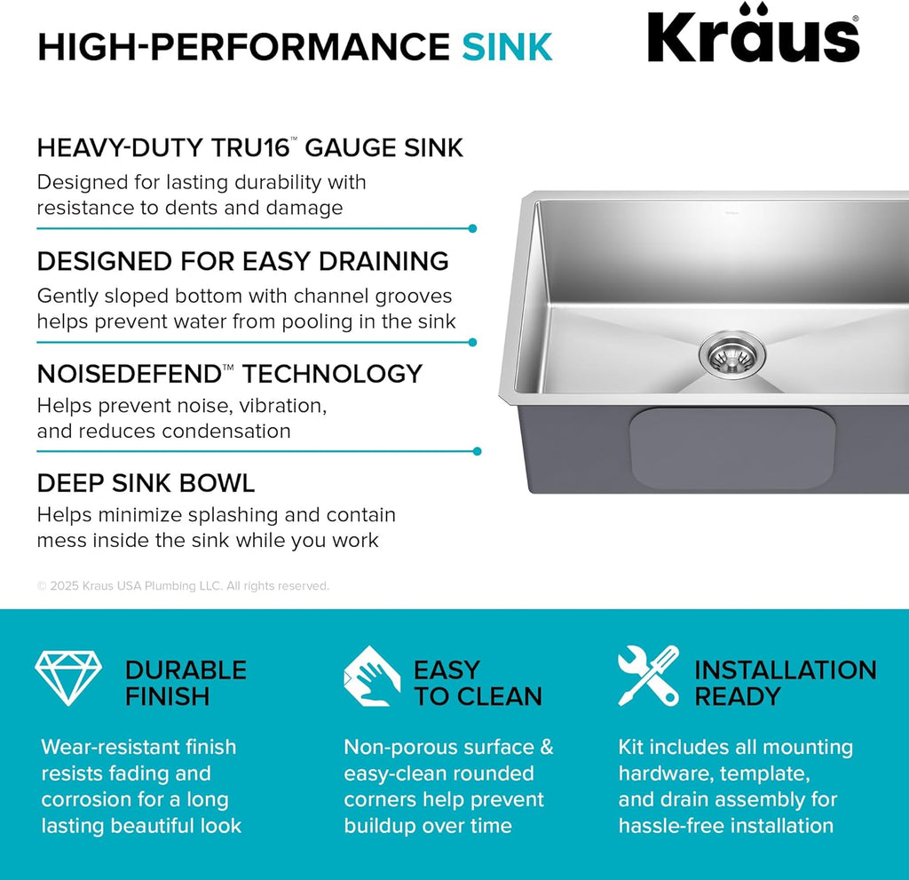 Standart PRO 28-Inch 16 Gauge Undermount Single Bowl Stainless Steel Kitchen Sink, KHU100-28