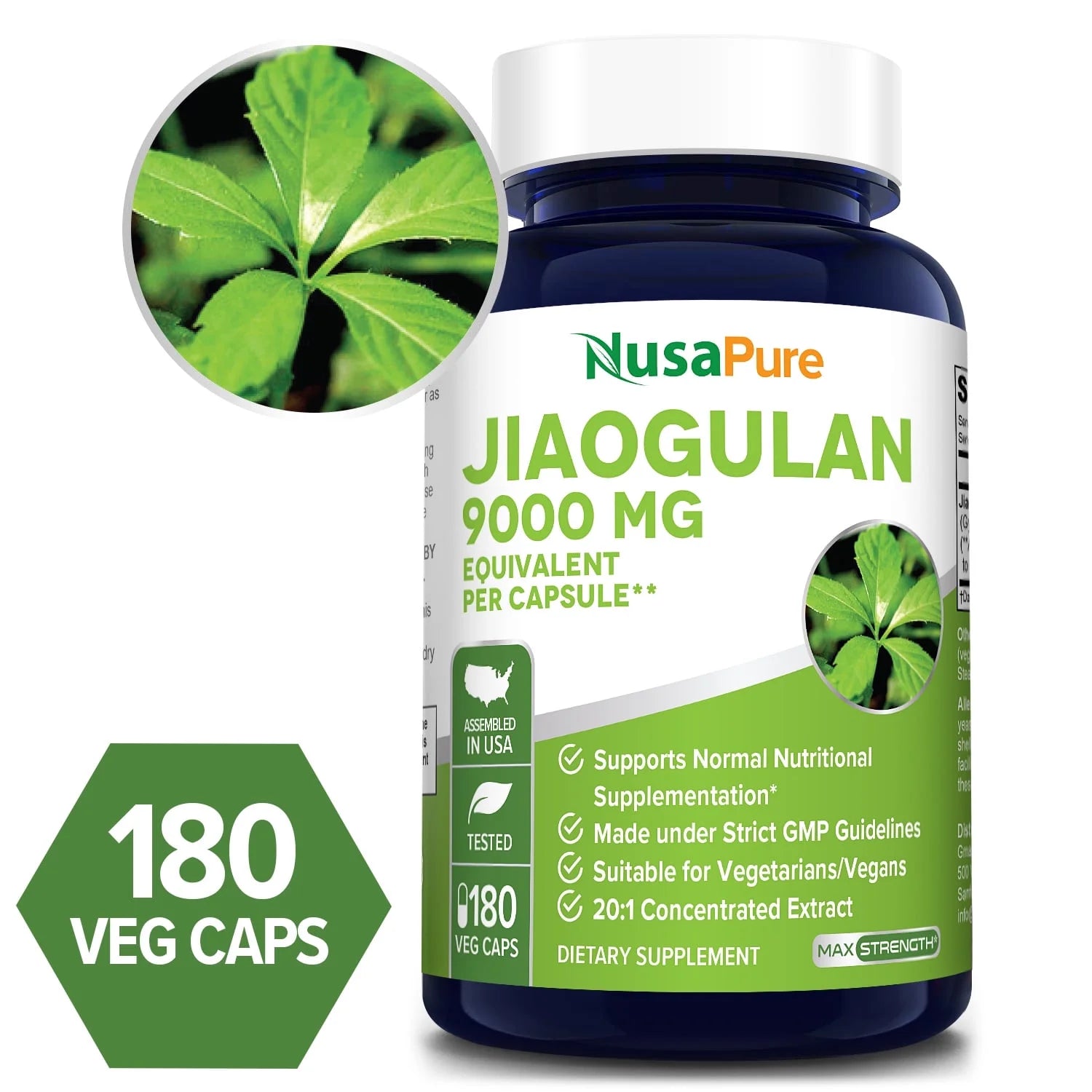Jiaogulan 9000Mg 180 Veggie Caps (20:1 Extract, Vegetarian, Non-Gmo, Gluten-Free), Dietary Supplement for Adult Health & Wellness