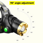 LED Rechargeable Headlamp with 2 USB Cable, 9900 Lumen Ultra Bright Searchlight with 3 Modes, 90° Adjustable for Outdoor Camping, Running, Cycling,Climbing