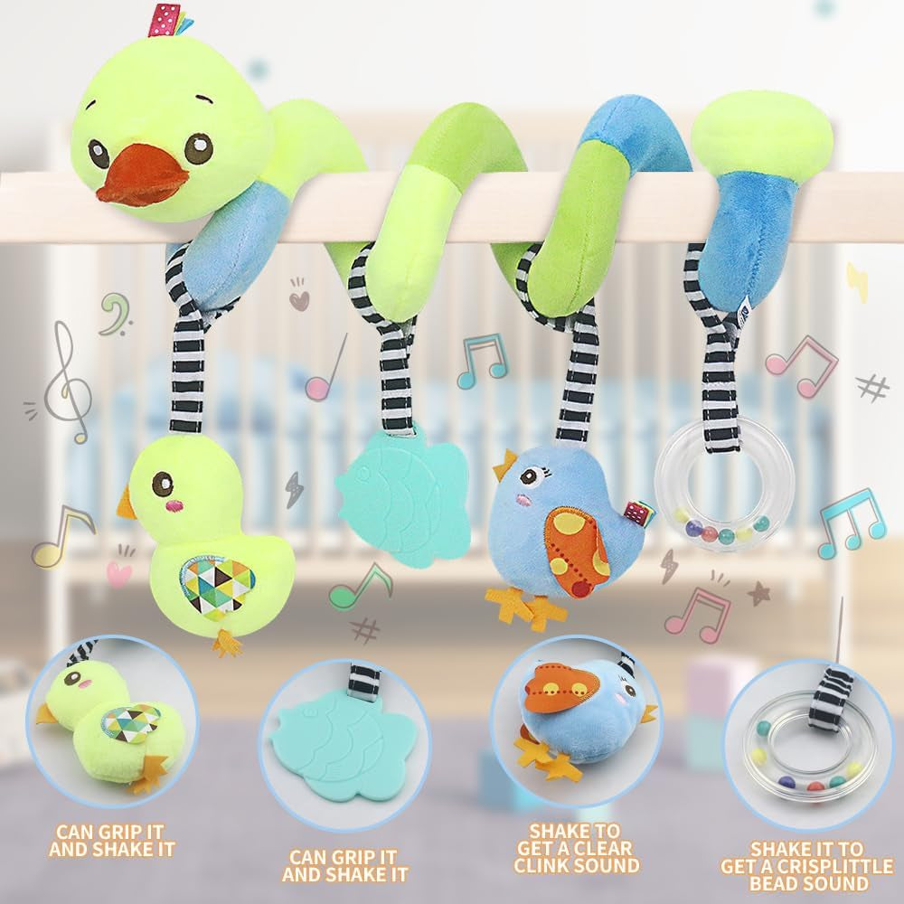 Baby Car Seat Toys, Activity Spiral Hangings Pram Toys, Plush Crib Toys with Squeaky for Boy or Girl (Duck)