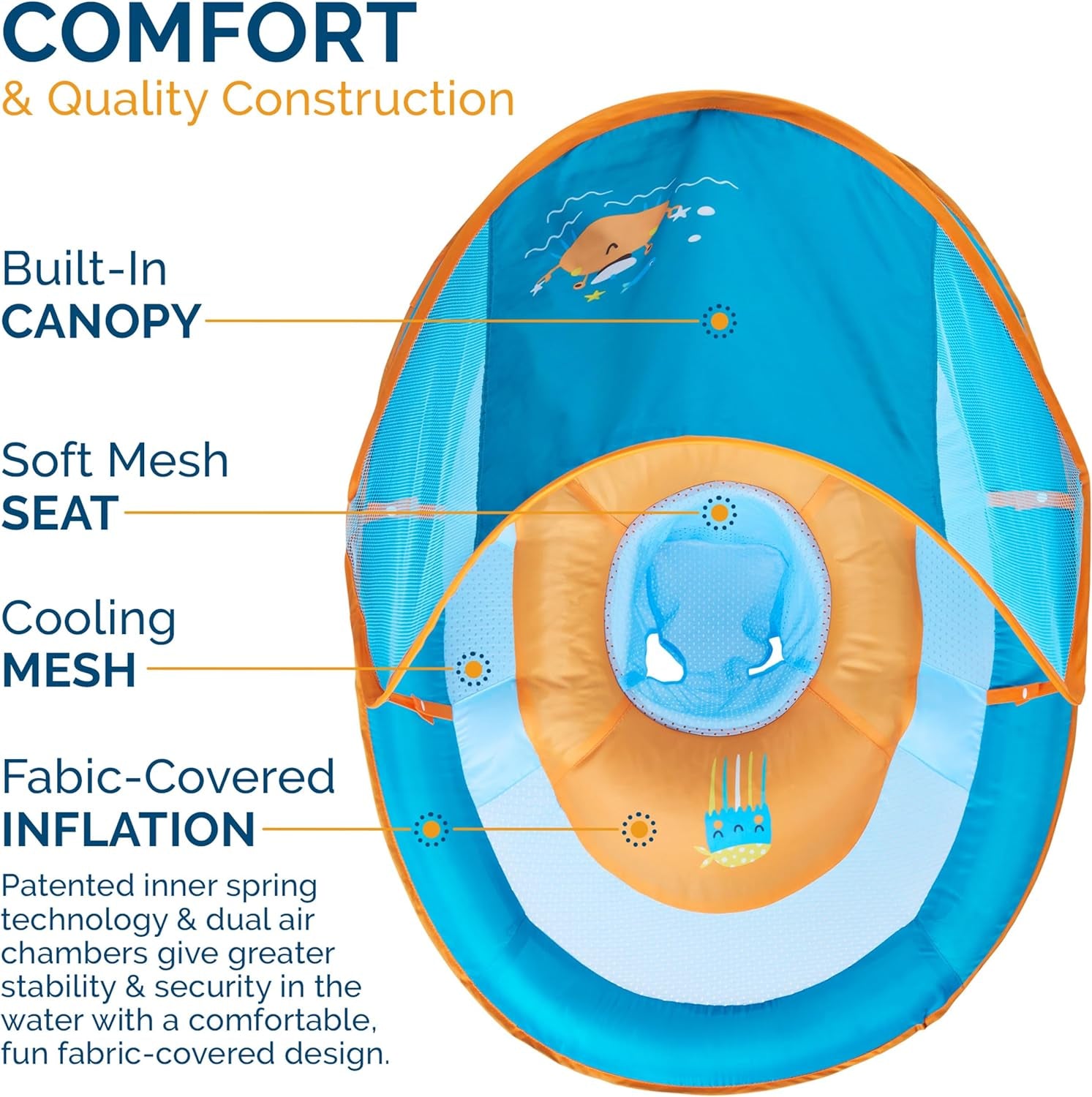 Baby Spring Float with Adjustable Canopy and UPF Sun Protection, Blue Lobster