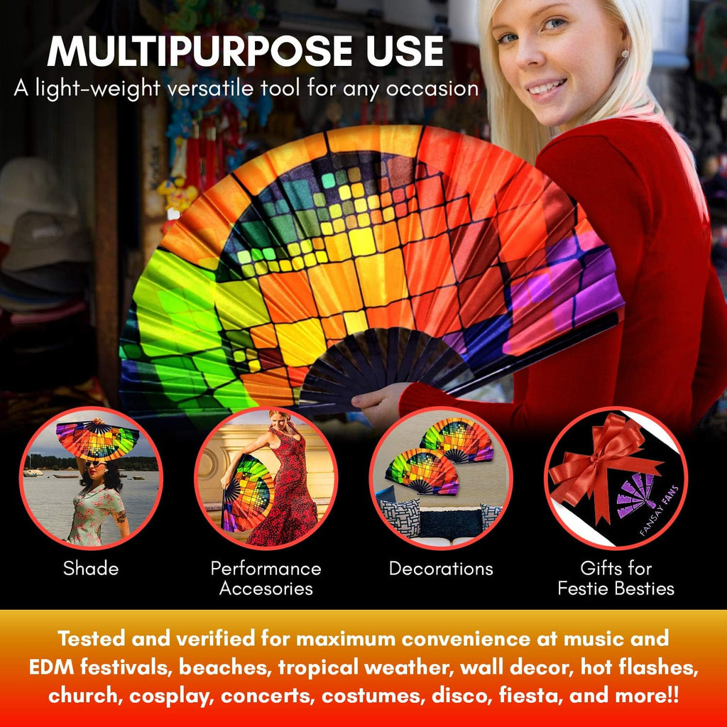 Large Hand Folding Fan for Men/Women Chinese/Japanese Bamboo with Leather Cloth Fabric Dance Festival Fan Handheld Folding Fans (Rainbow Cube)