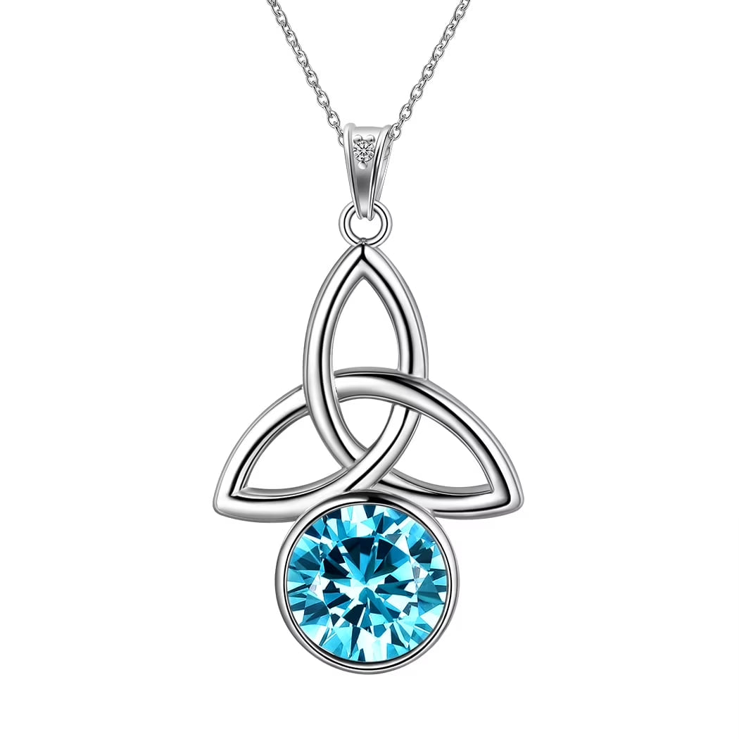925 Sterling Silver Celtic Knot Necklace for Women March Birthstone Aquamarine Blue Gemstone Trinity Triquetra Irish Pendant Jewelry Birthday Gift