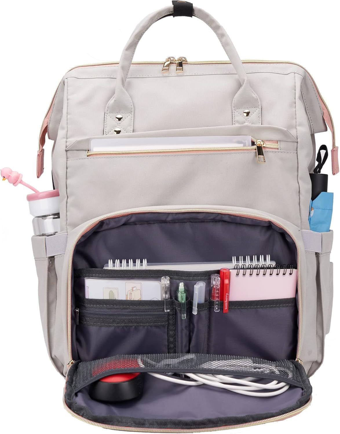 Teacher Backpack 17 Inch Laptop Bag for Women Fashion Backpack Purse, Work Backpack Tote Computer Bag with Charging Port,Travel Backpack, Grey&Pink