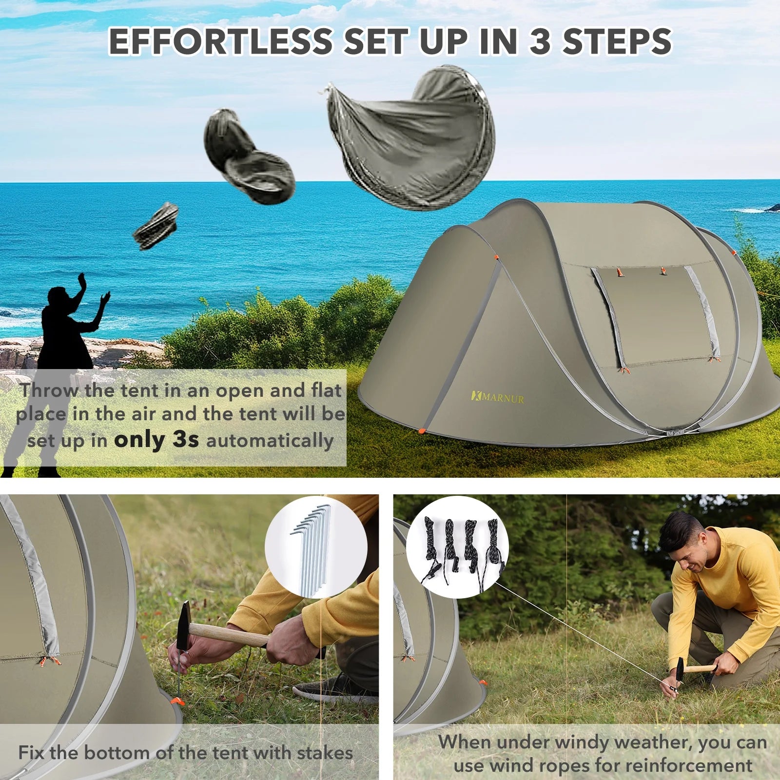 Instant Tent 4-Person Camp Tent, Auto Setup Pop up Tent, Pordable, Huge Door & Windows, Green