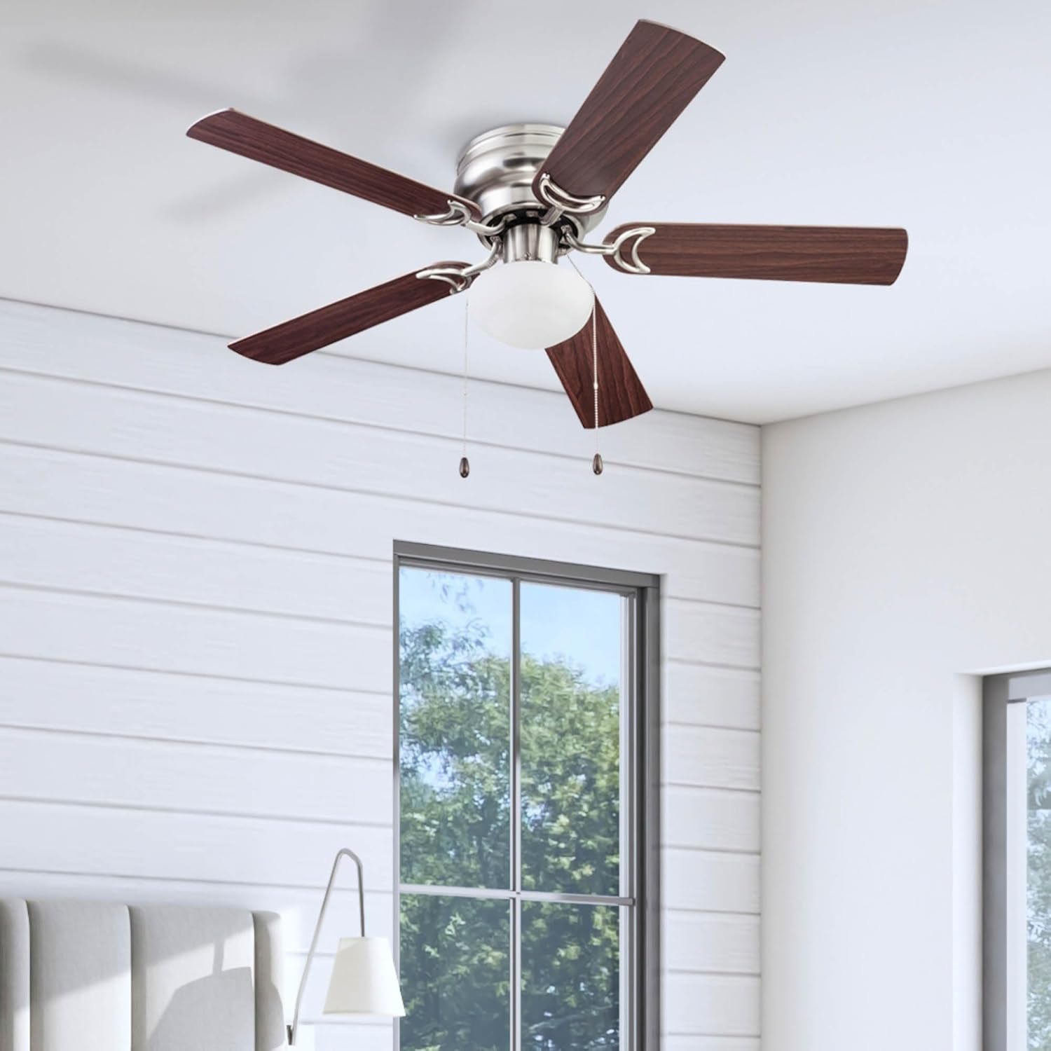 Alvina Traditional 44 Inch Ceiling Fan with Light, LED Flush Mount Ceiling Fan, Indoor Fan with 5 Blades, Gray Oak and Brown Walnut Blade Finish Options, Satin Nickel (51585-01)