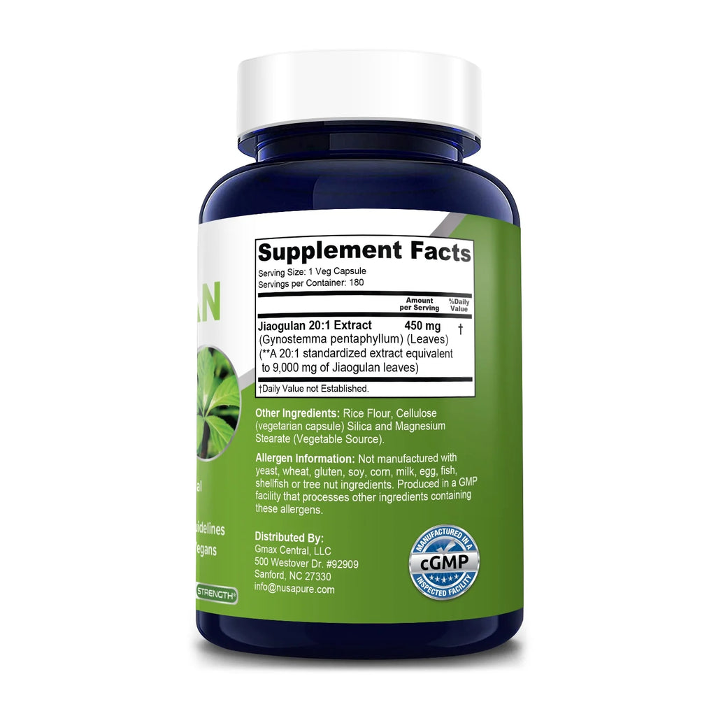 Jiaogulan 9000Mg 180 Veggie Caps (20:1 Extract, Vegetarian, Non-Gmo, Gluten-Free), Dietary Supplement for Adult Health & Wellness