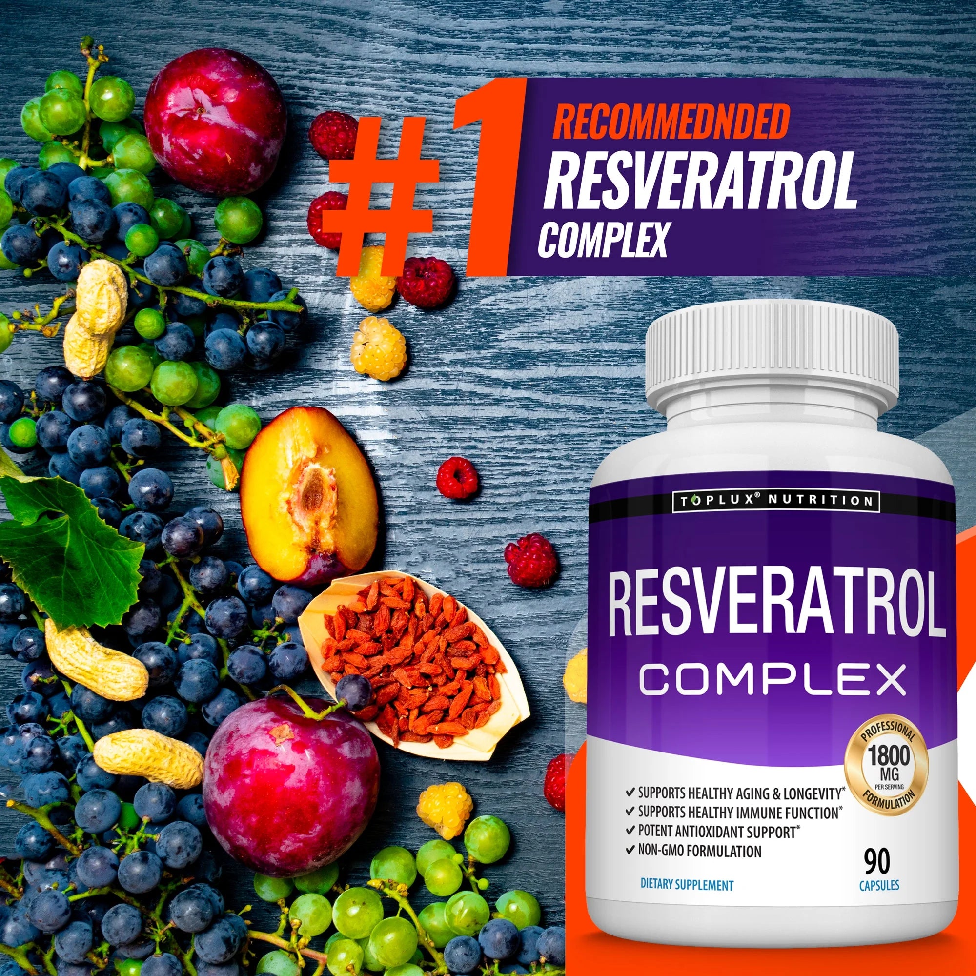 Resveratrol Supplement 1800Mg Trans-Resveratrol for Antioxidant Anti-Aging Support 90 Capsules