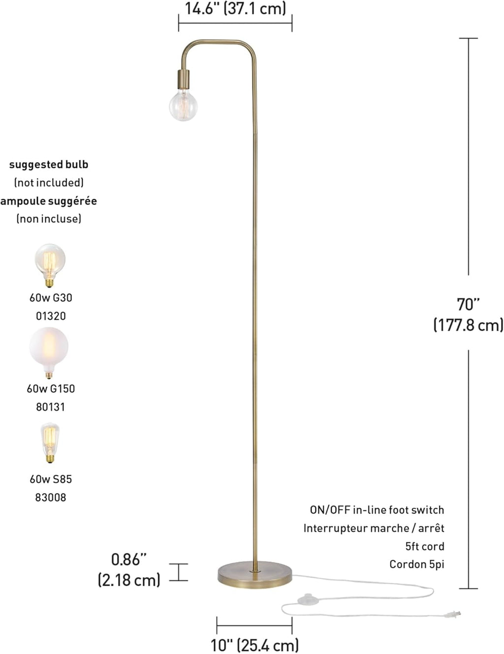 Electric 67068 Holden 70" Floor Lamp, Matte Brass, In-Line On/Off Foot Switch