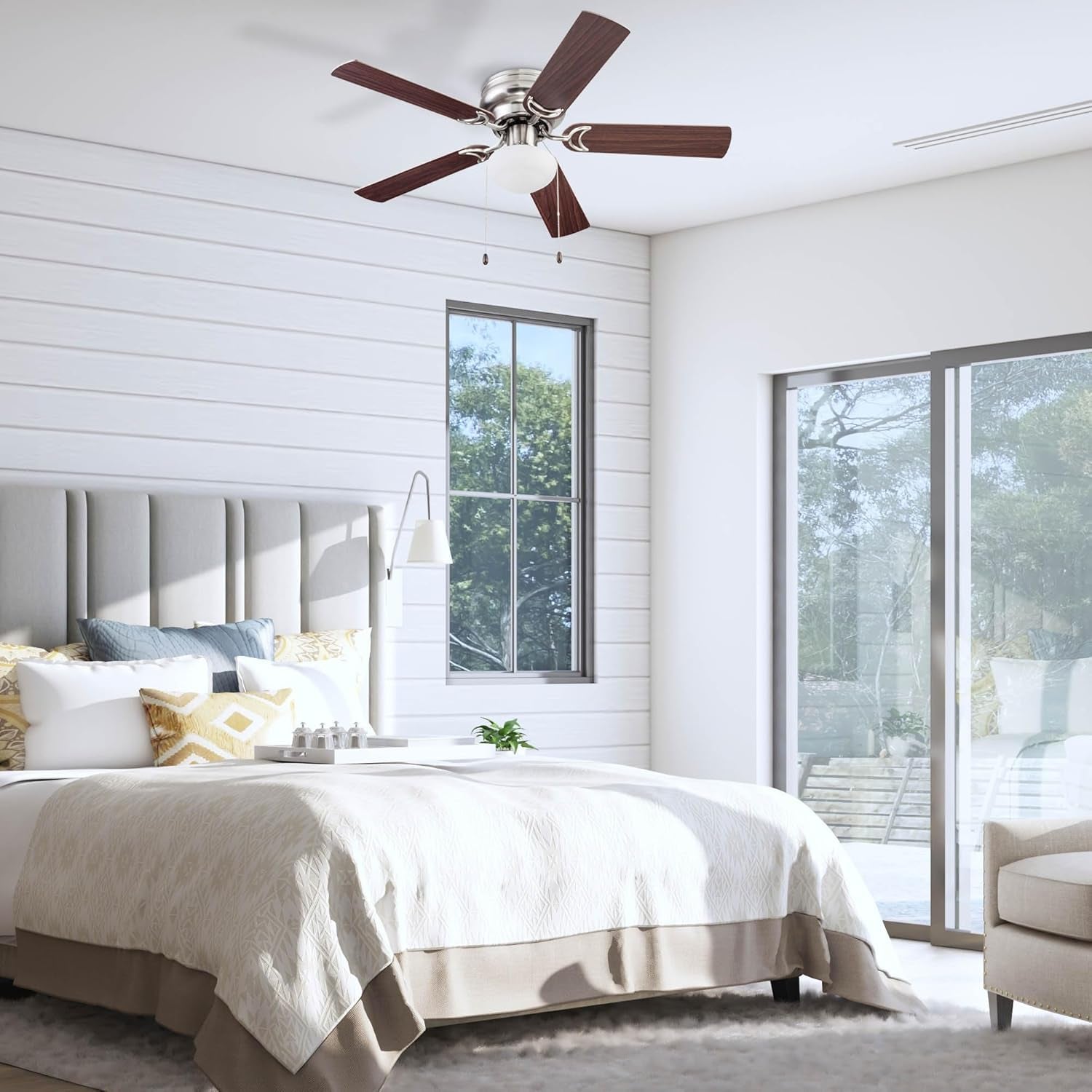 Alvina Traditional 44 Inch Ceiling Fan with Light, LED Flush Mount Ceiling Fan, Indoor Fan with 5 Blades, Gray Oak and Brown Walnut Blade Finish Options, Satin Nickel (51585-01)