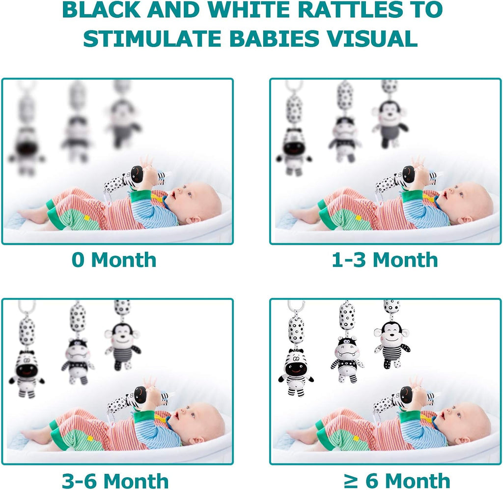 Baby Toy Cartoon Animal Stuffed Hanging Rattle Toys, Baby Bed Crib Car Seat Travel Stroller Soft Plush Toys with Wind Chimes, Best Birthday Gift for Newborn 0-18 Month (Monkey, Zebra & Hippo)