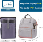 Teacher Backpack 17 Inch Laptop Bag for Women Fashion Backpack Purse, Work Backpack Tote Computer Bag with Charging Port,Travel Backpack, Grey&Pink