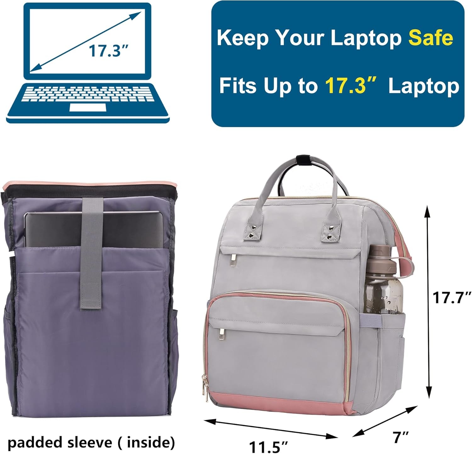 Teacher Backpack 17 Inch Laptop Bag for Women Fashion Backpack Purse, Work Backpack Tote Computer Bag with Charging Port,Travel Backpack, Grey&Pink